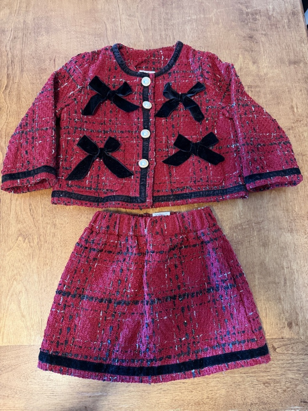 Toddler Girls Red and Black Tweed Two-Piece Set with Black Velvet Bows